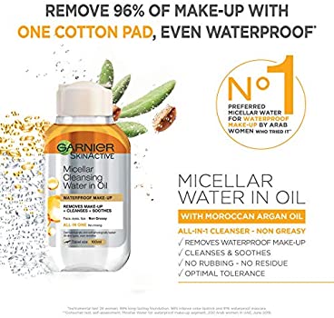 Garnier Micellar Water Face Eyes Lips Argan Oil  cleanser and Waterproof Make-up Remover, 100ml , 400 ml